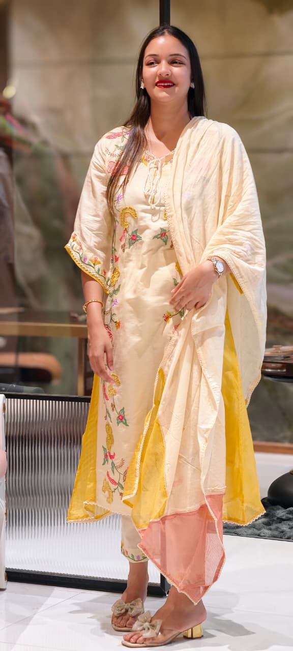 Floral Patch Look Embroidered Twin Color Slit Side A-Line Full Suit Set With Dupatta In Checks Cotton Fabric- 13575