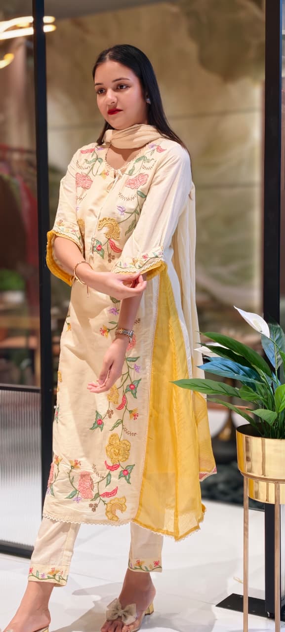 Floral Patch Look Embroidered Twin Color Slit Side A-Line Full Suit Set With Dupatta In Checks Cotton Fabric- 13575