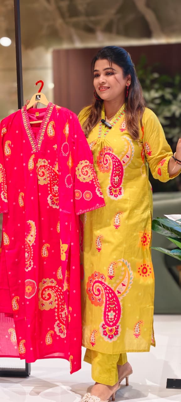 Printed Paisley Minimal Neck Embroidery A-Line Kurta Pant Set In Cotton Fabric- 13562