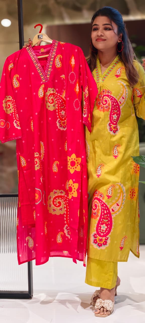 Printed Paisley Minimal Neck Embroidery A-Line Kurta Pant Set In Cotton Fabric- 13562