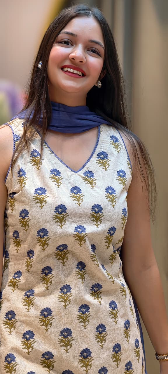 Beautiful Floral Printed Sleeveless Full Suit Set With Solid Dupatta In Cotton Fabric-13433