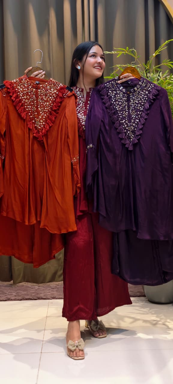 Stylish V-Yoke Boho Thread Look Indo Wear Kurta With Solid Bottom- 13551 RB212