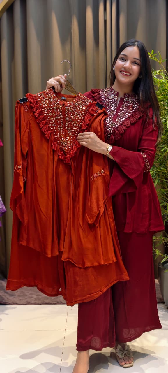 Stylish V-Yoke Boho Thread Look Indo Wear Kurta With Solid Bottom- 13551 RB212