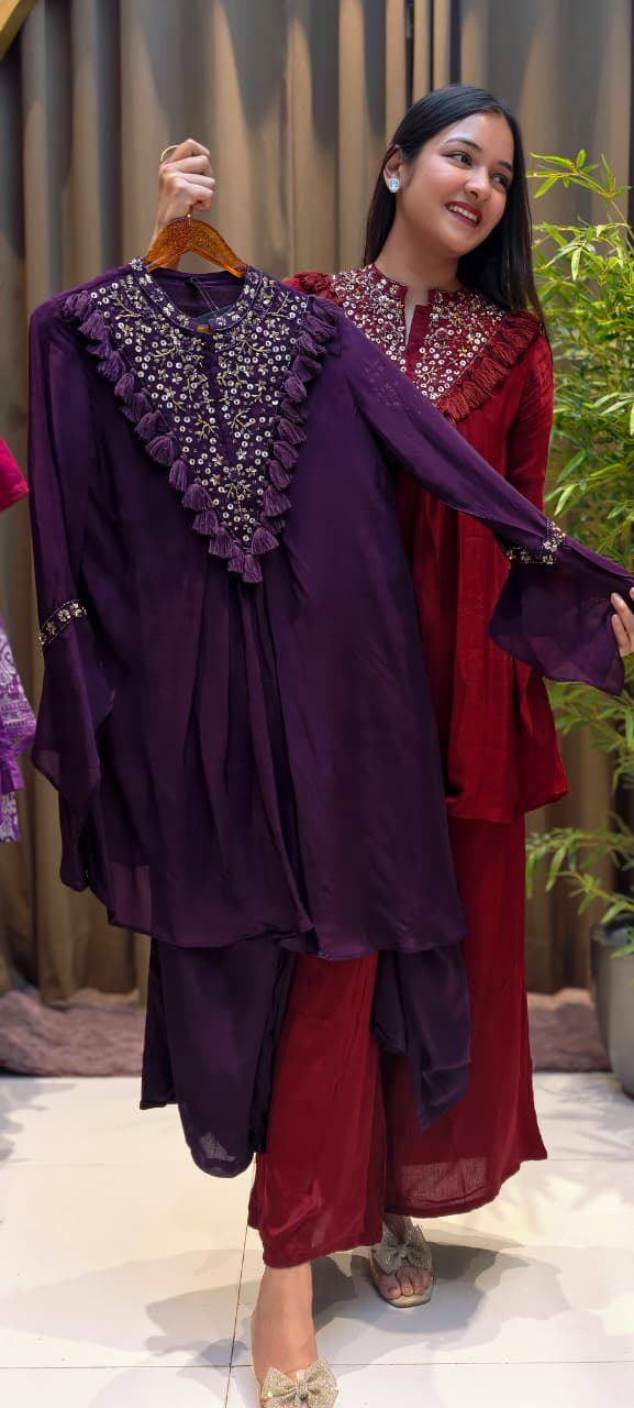 Stylish V-Yoke Boho Thread Look Indo Wear Kurta With Solid Bottom- 13551 RB212