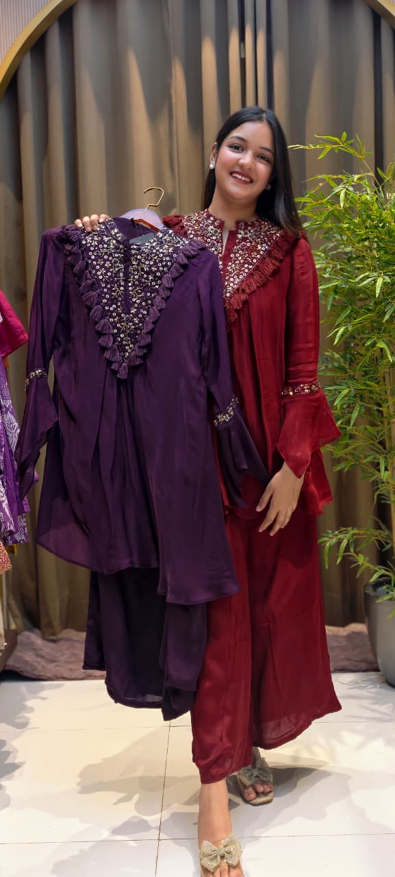 Stylish V-Yoke Boho Thread Look Indo Wear Kurta With Solid Bottom- 13551 RB212