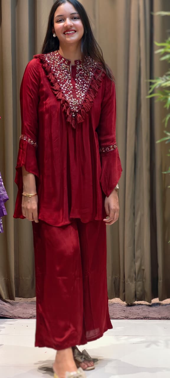 Stylish V-Yoke Boho Thread Look Indo Wear Kurta With Solid Bottom- 13551 RB212