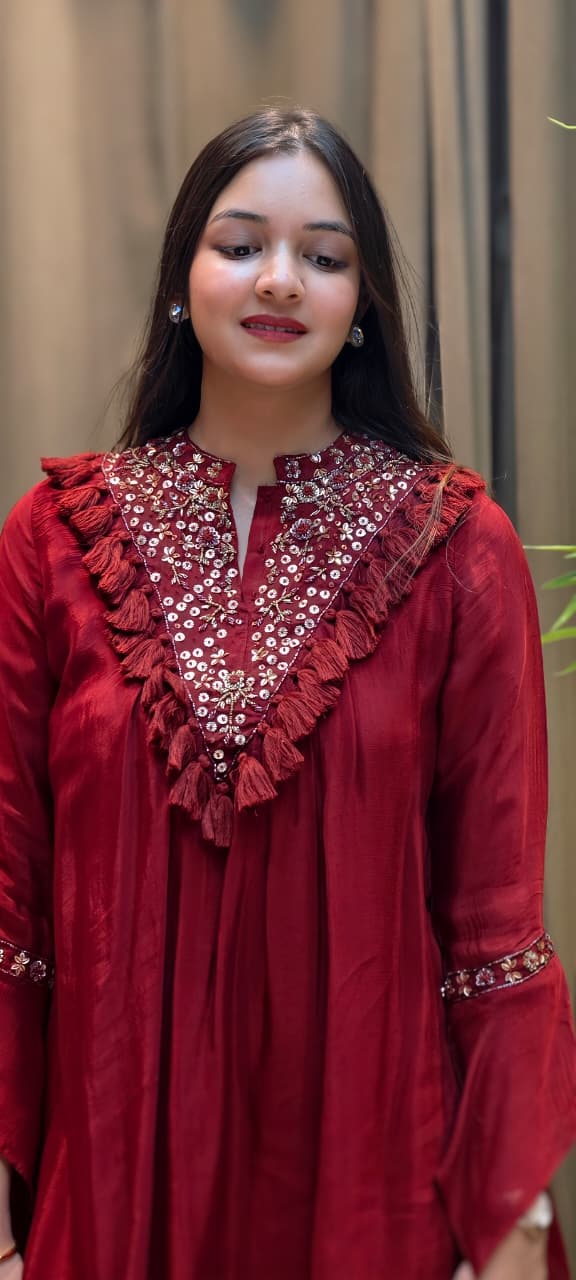 Stylish V-Yoke Boho Thread Look Indo Wear Kurta With Solid Bottom- 13551 RB212