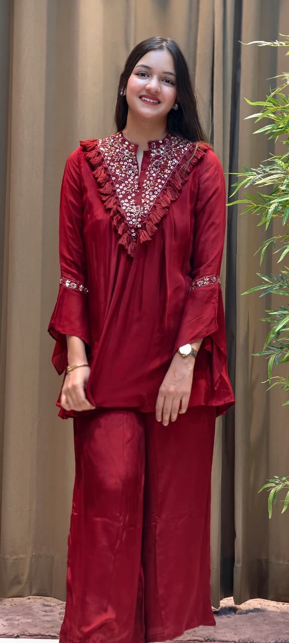 Stylish V-Yoke Boho Thread Look Indo Wear Kurta With Solid Bottom- 13551 RB212