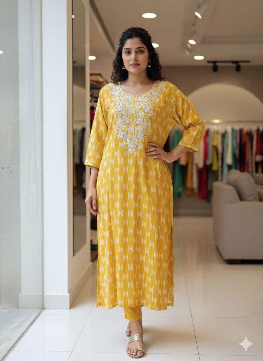 Pure Thread Embroidery Yoke With Zig-Zag Print Cotton Kurti Only- 13521