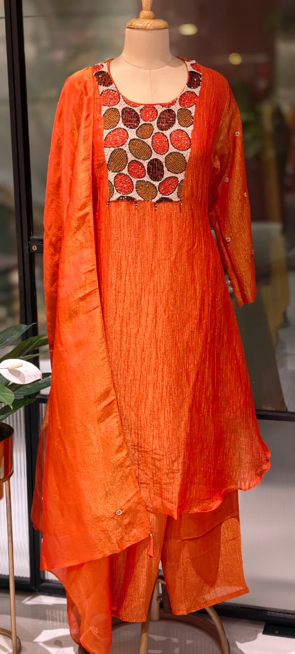 Very Unique Sequin Yoke Crush Elegance Tissue A-Line Full Suit Set With Dupatta- 13606