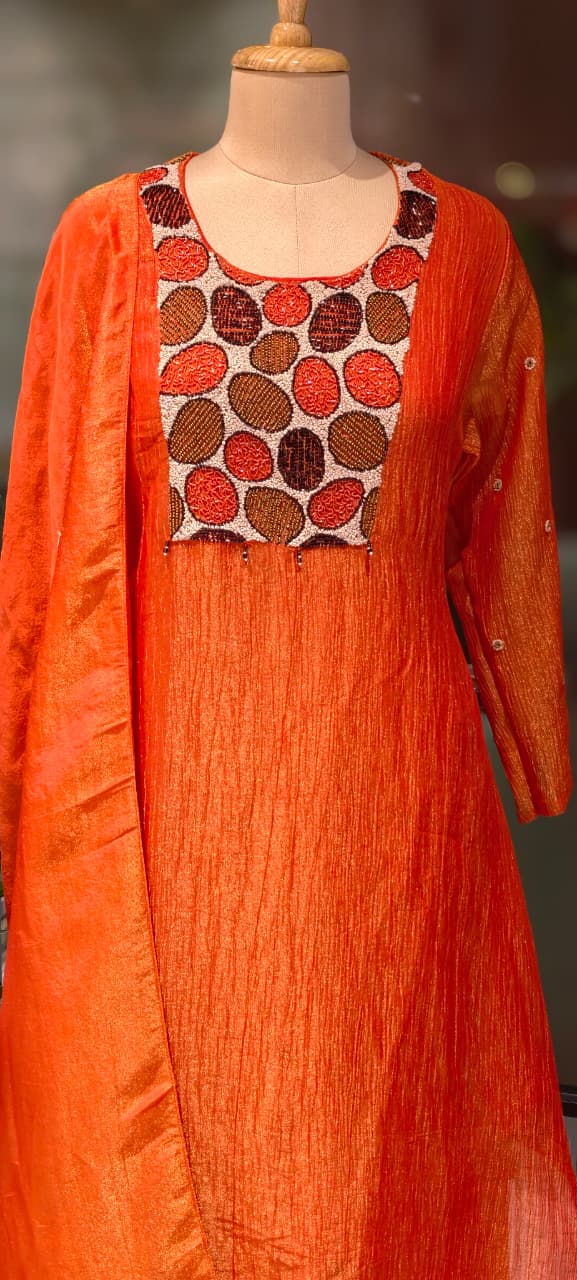 Very Unique Sequin Yoke Crush Elegance Tissue A-Line Full Suit Set With Dupatta- 13606