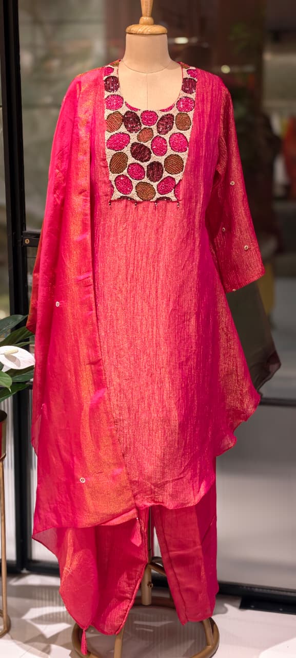 Very Unique Sequin Yoke Crush Elegance Tissue A-Line Full Suit Set With Dupatta- 13606