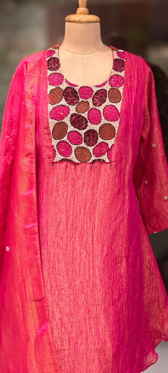 Very Unique Sequin Yoke Crush Elegance Tissue A-Line Full Suit Set With Dupatta- 13606