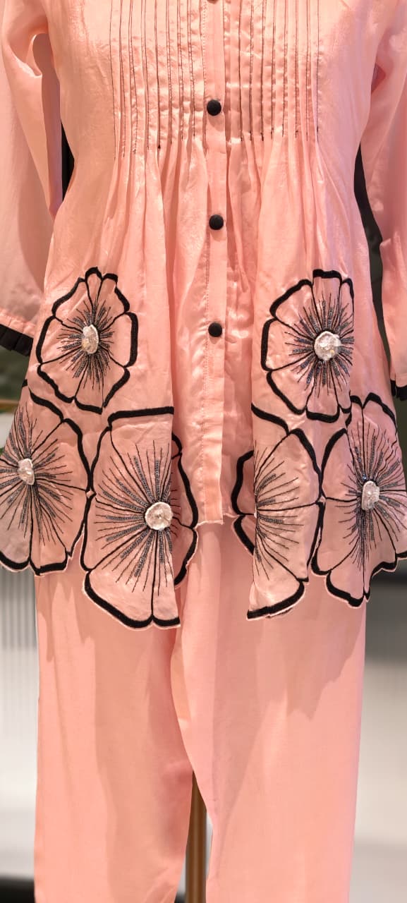 3D Floral Patch Look Pleated Front Design Matching Co-Ord Set In Organza Fabric-13612