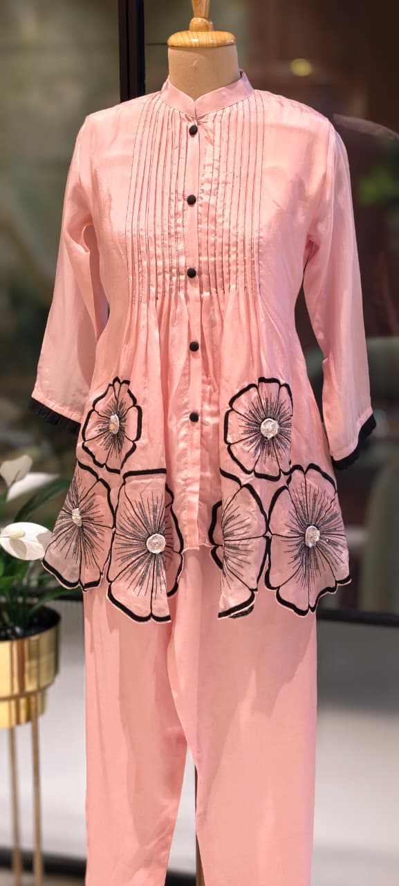 3D Floral Patch Look Pleated Front Design Matching Co-Ord Set In Organza Fabric-13612