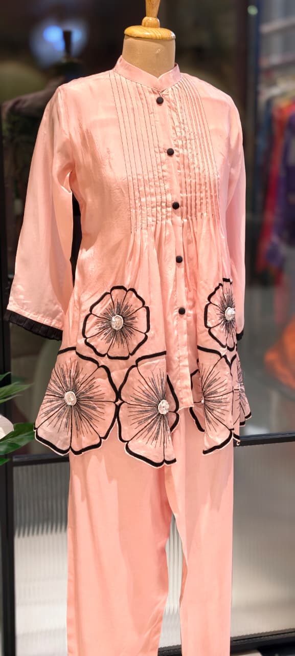 3D Floral Patch Look Pleated Front Design Matching Co-Ord Set In Organza Fabric-13612