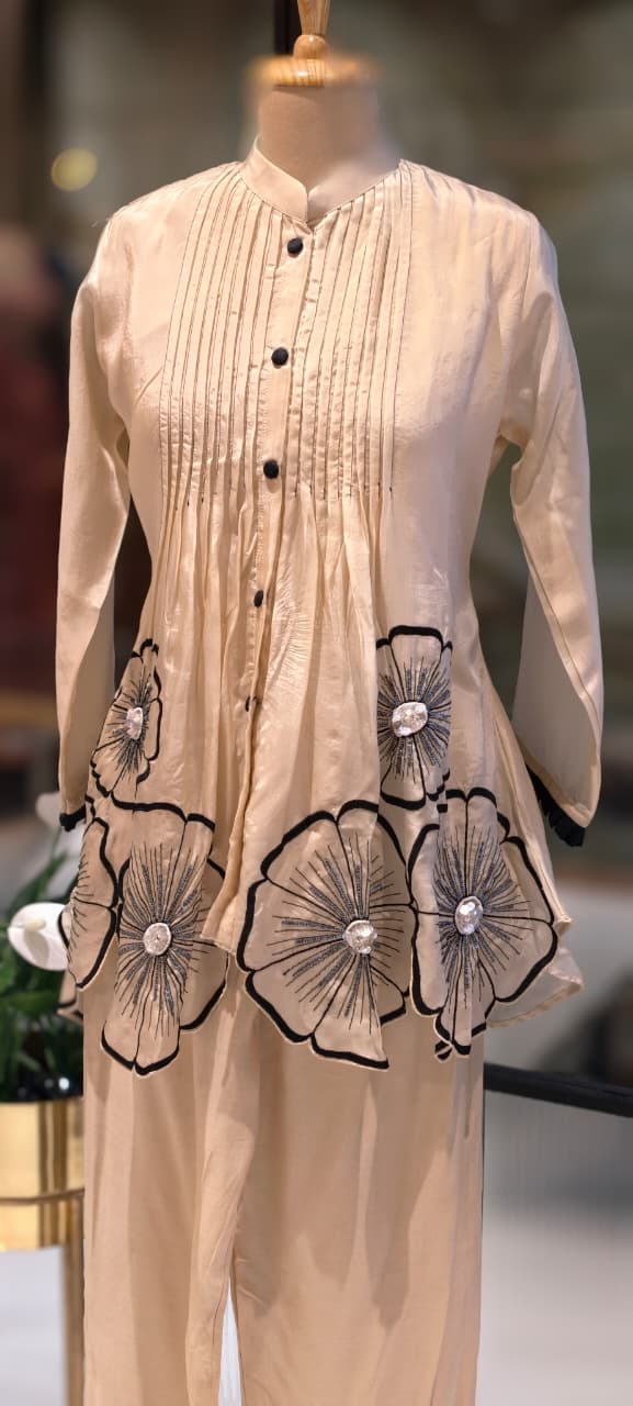 3D Floral Patch Look Pleated Front Design Matching Co-Ord Set In Organza Fabric-13612