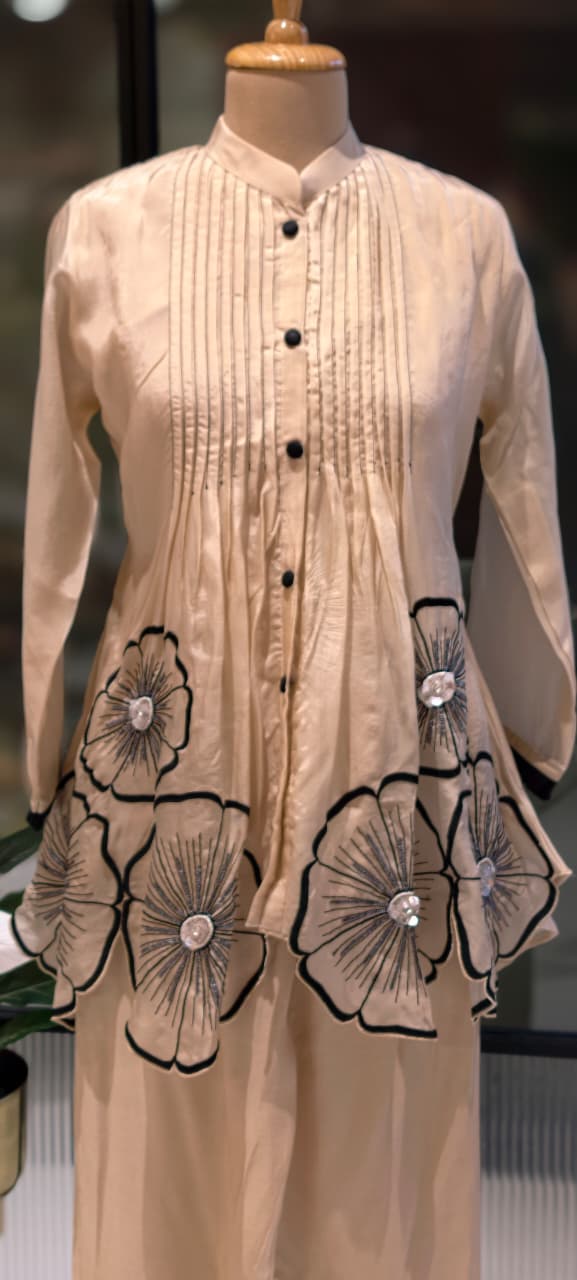 3D Floral Patch Look Pleated Front Design Matching Co-Ord Set In Organza Fabric-13612