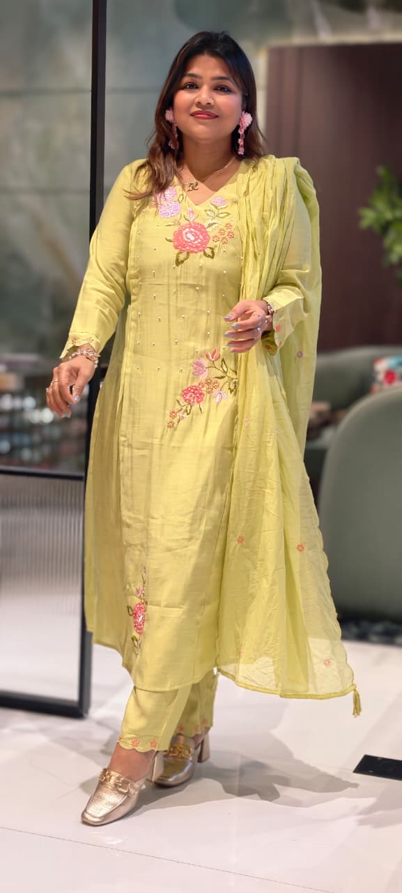 Slightly Lean Fit Suttle Floral Embroidery With Pearl Upwork A-Line Full Suit Set With Dupatta In Surat Mul Chanderi Fabric- 13609 (Slightly Lean Fit)