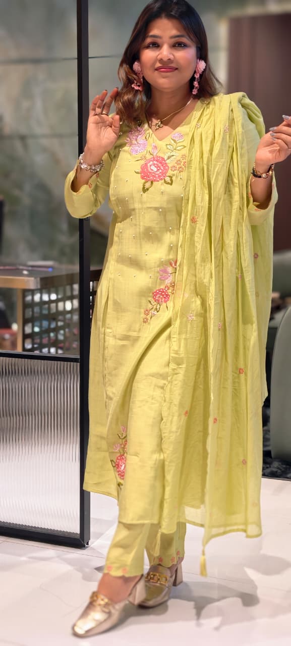 Slightly Lean Fit Suttle Floral Embroidery With Pearl Upwork A-Line Full Suit Set With Dupatta In Surat Mul Chanderi Fabric- 13609 (Slightly Lean Fit)