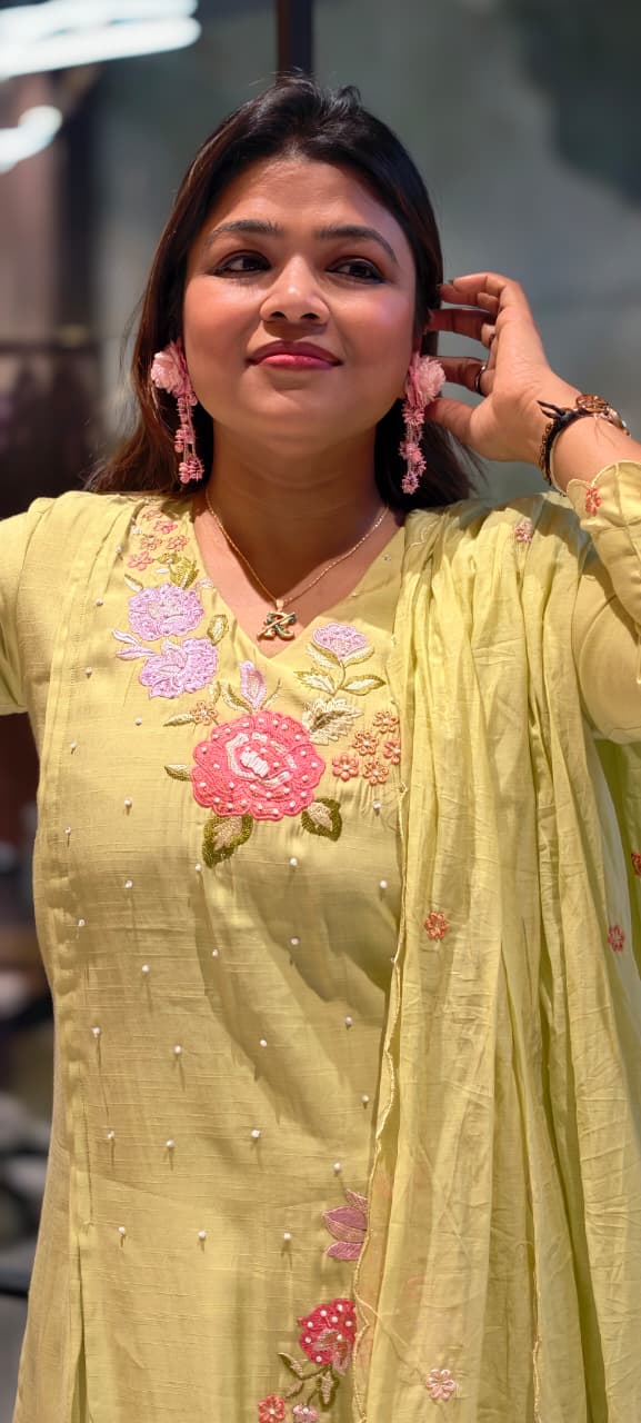 Slightly Lean Fit Suttle Floral Embroidery With Pearl Upwork A-Line Full Suit Set With Dupatta In Surat Mul Chanderi Fabric- 13609 (Slightly Lean Fit)