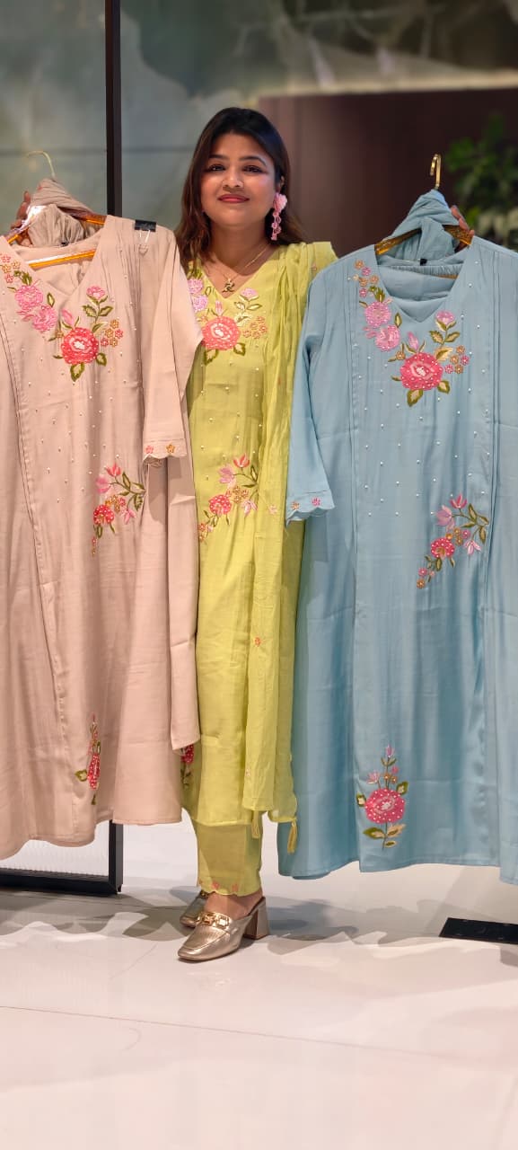 Slightly Lean Fit Suttle Floral Embroidery With Pearl Upwork A-Line Full Suit Set With Dupatta In Surat Mul Chanderi Fabric- 13609 (Slightly Lean Fit)