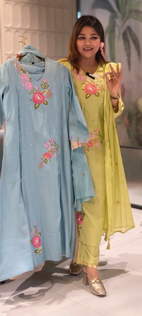 Slightly Lean Fit Suttle Floral Embroidery With Pearl Upwork A-Line Full Suit Set With Dupatta In Surat Mul Chanderi Fabric- 13609 (Slightly Lean Fit)