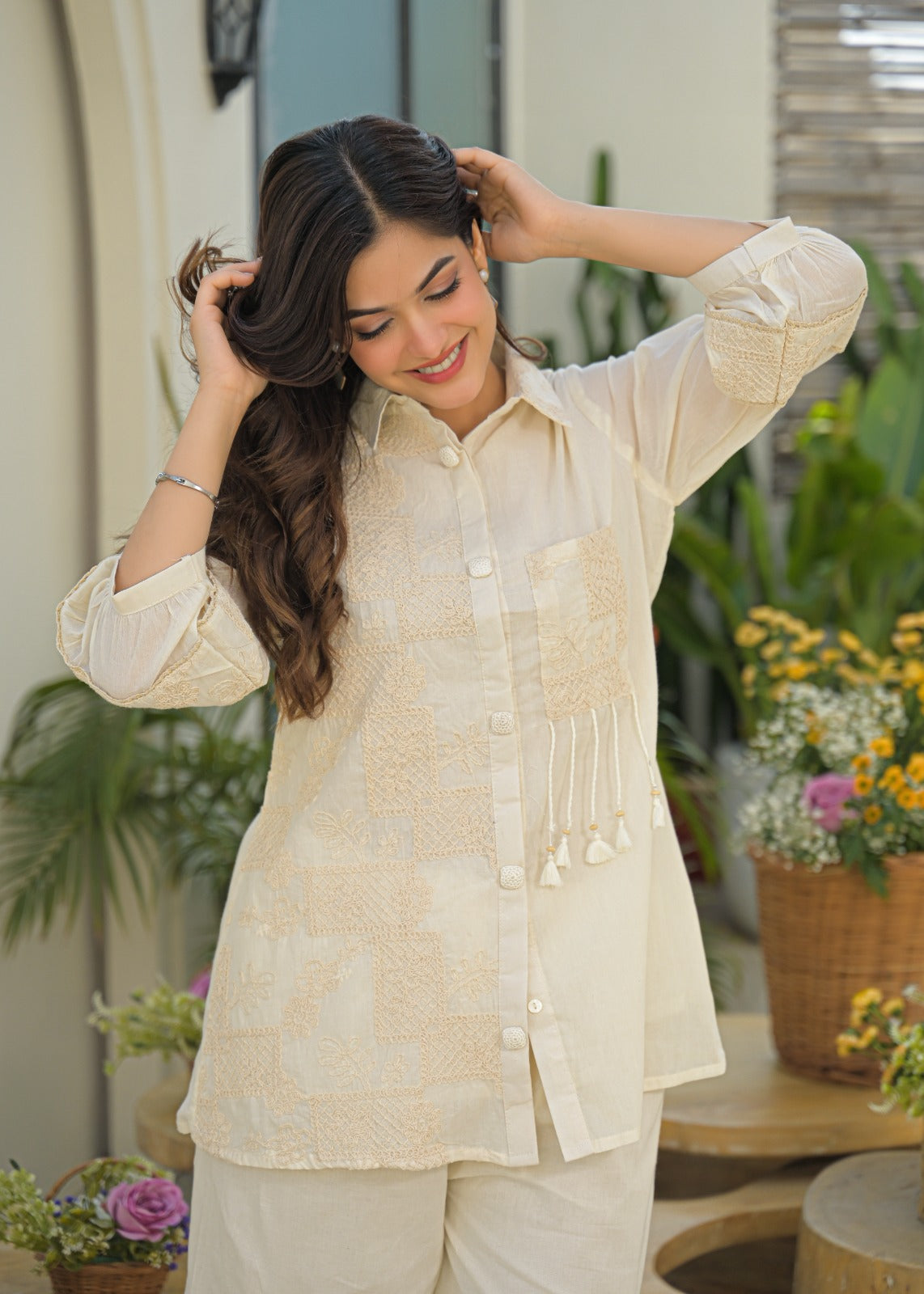 Serene Cream Heirloom Thread Embroidered Co-Ord Set In Kora Cotton Fabric- 13616
