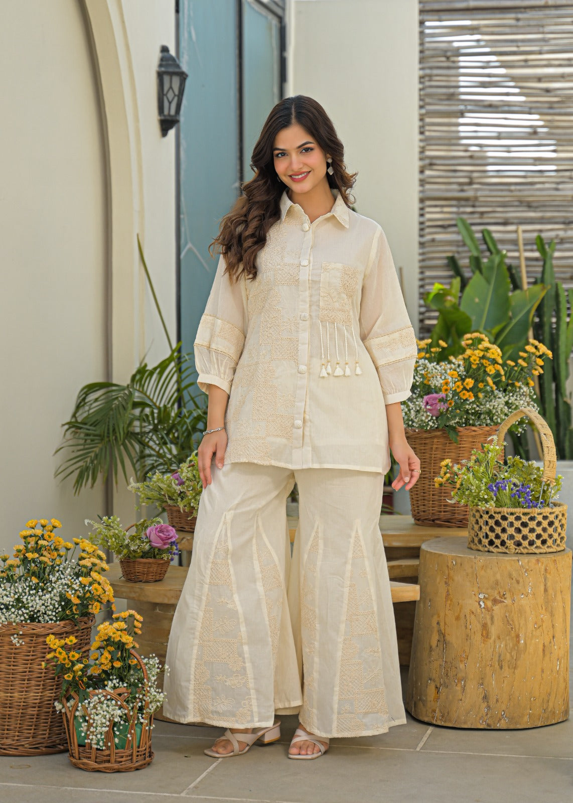 Serene Cream Heirloom Thread Embroidered Co-Ord Set In Kora Cotton Fabric- 13616