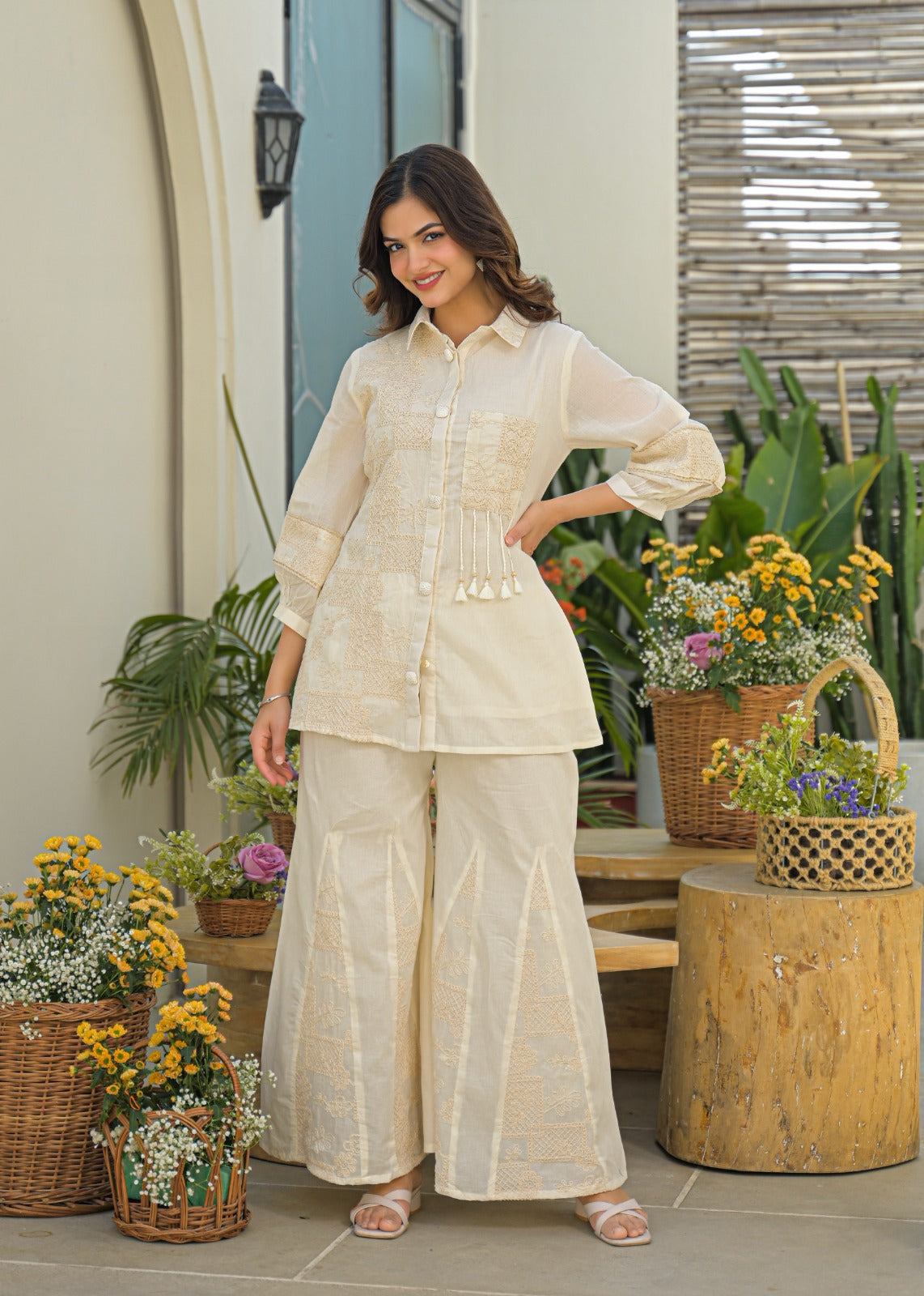Serene Cream Heirloom Thread Embroidered Co-Ord Set In Kora Cotton Fabric- 13616