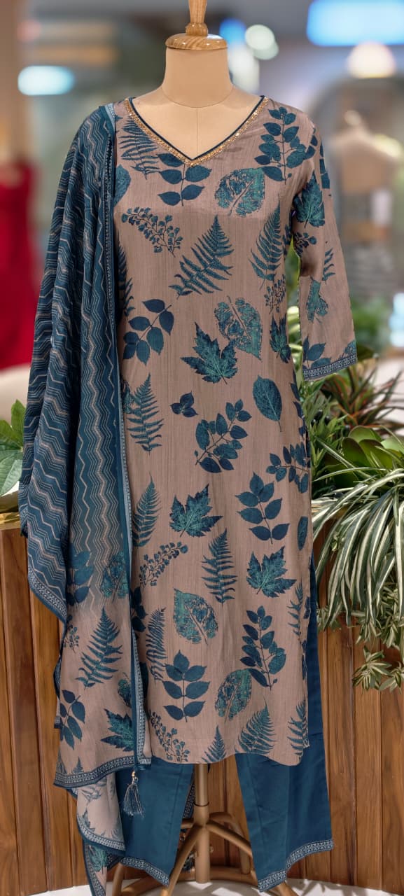 Botanical Blue Leaf Ensemble Printed Full Suit Set With Dupatta In Dola Silk Fabric- 13601
