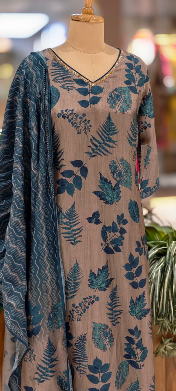 Botanical Blue Leaf Ensemble Printed Full Suit Set With Dupatta In Dola Silk Fabric- 13601