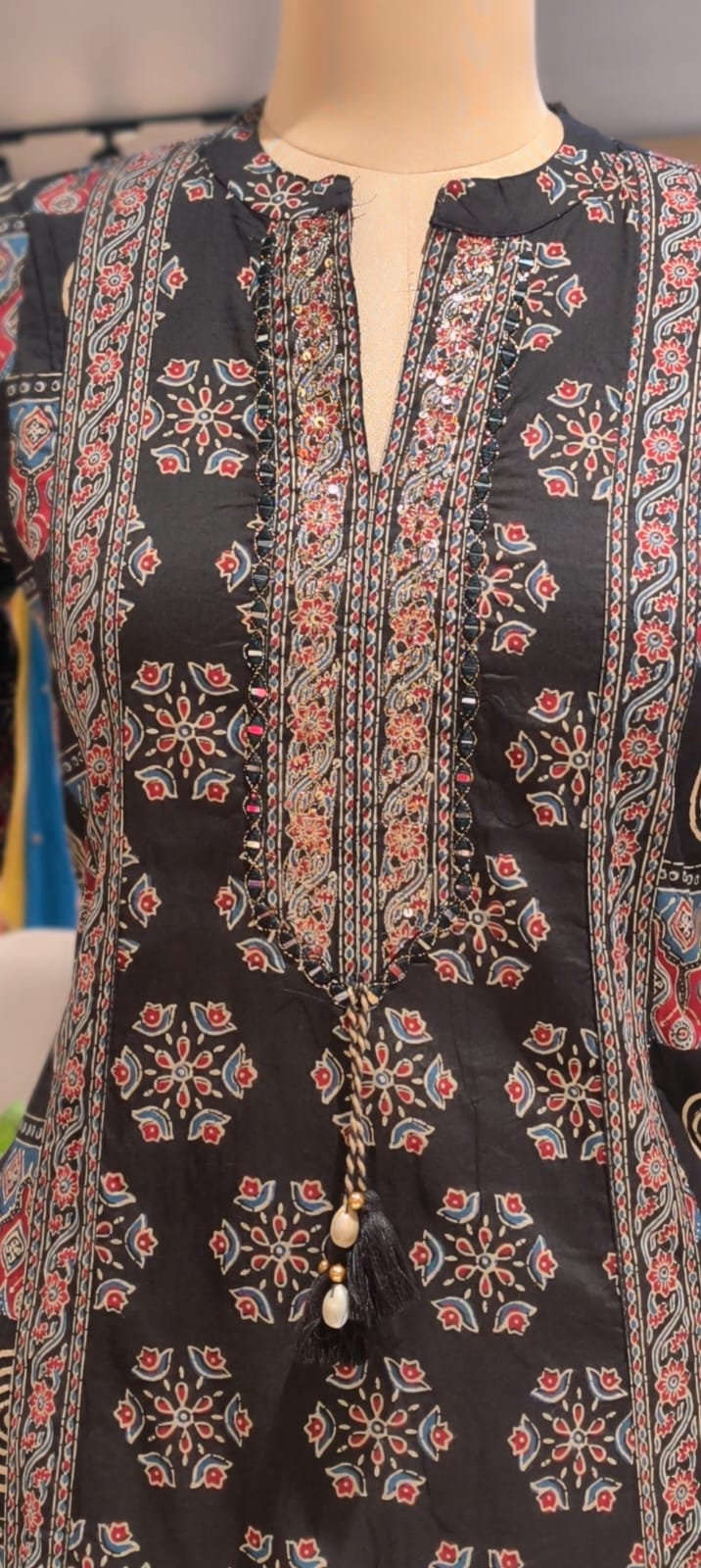 Rajasthani Boho Print Minimal Neck Line Anarkali Full Suit Set With Dupatta In Cotton Fabric- 13590
