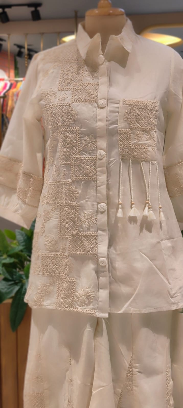 Serene Cream Heirloom Thread Embroidered Co-Ord Set In Kora Cotton Fabric- 13616