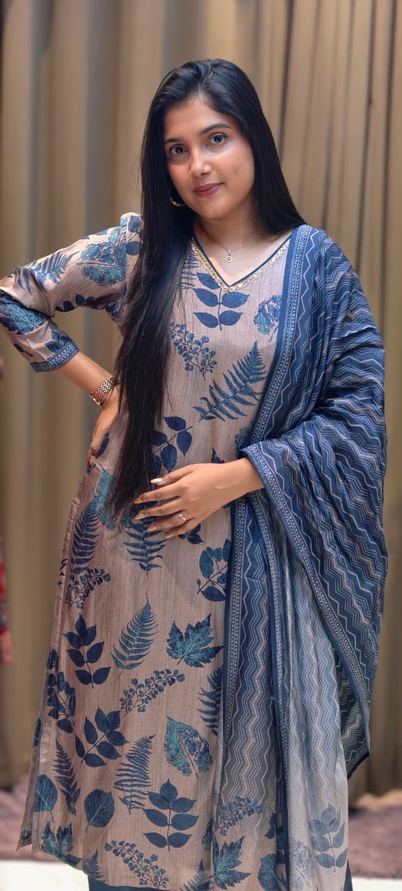 Botanical Blue Leaf Ensemble Printed Full Suit Set With Dupatta In Dola Silk Fabric- 13601