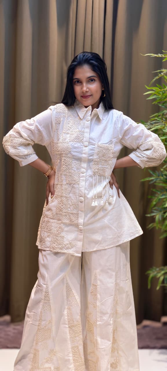 Serene Cream Heirloom Thread Embroidered Co-Ord Set In Kora Cotton Fabric- 13616