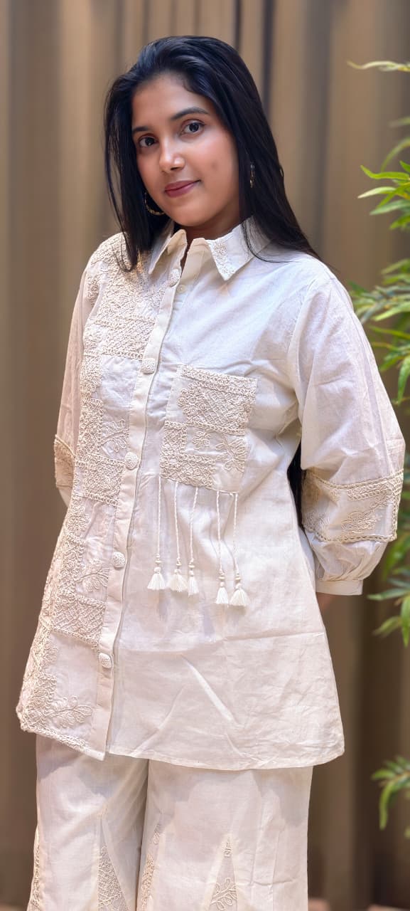 Serene Cream Heirloom Thread Embroidered Co-Ord Set In Kora Cotton Fabric- 13616