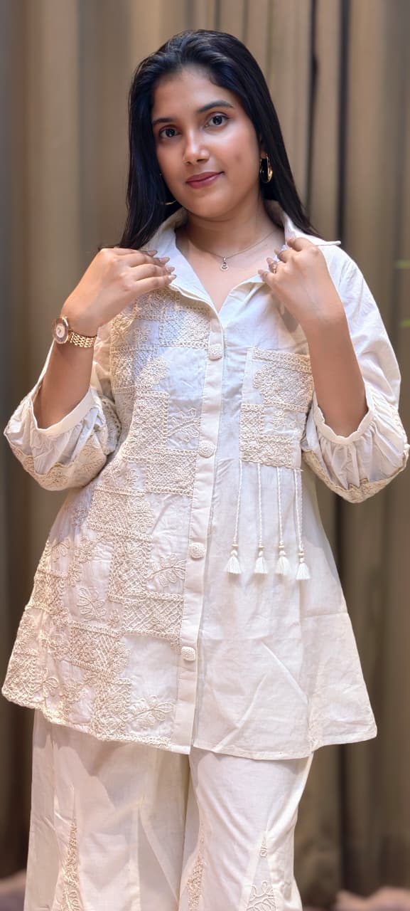 Serene Cream Heirloom Thread Embroidered Co-Ord Set In Kora Cotton Fabric- 13616
