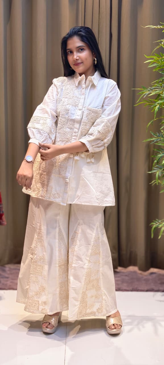 Serene Cream Heirloom Thread Embroidered Co-Ord Set In Kora Cotton Fabric- 13616