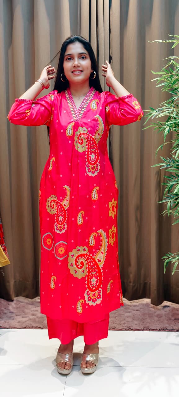 Printed Paisley Minimal Neck Embroidery A-Line Kurta Pant Set In Cotton Fabric- 13562