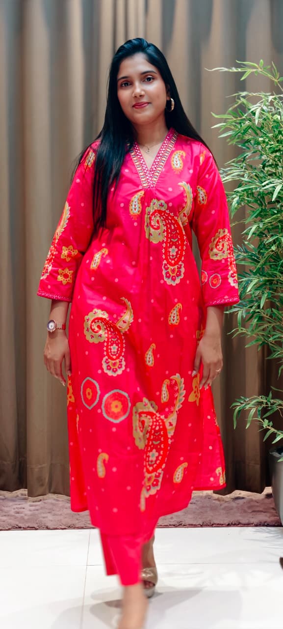 Printed Paisley Minimal Neck Embroidery A-Line Kurta Pant Set In Cotton Fabric- 13562