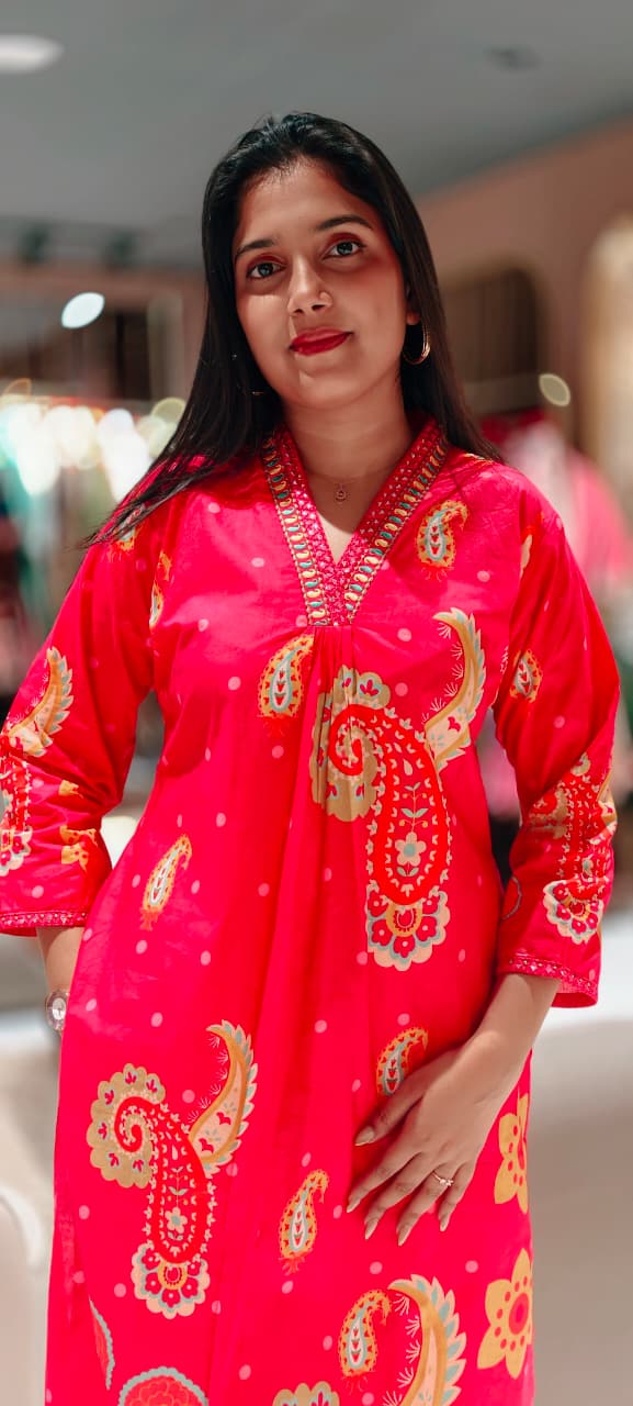 Printed Paisley Minimal Neck Embroidery A-Line Kurta Pant Set In Cotton Fabric- 13562