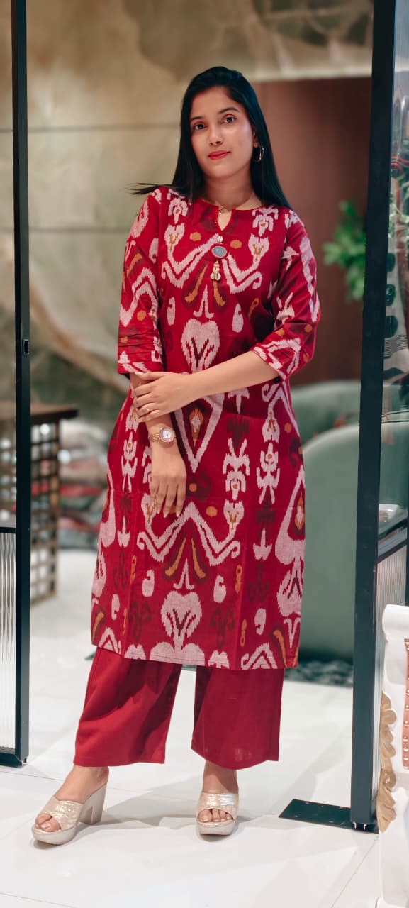 Ikkat Print Shell Kodi Tassel With Mirror Elegance Kurta Pant Set In Cotton Fabric- 13529