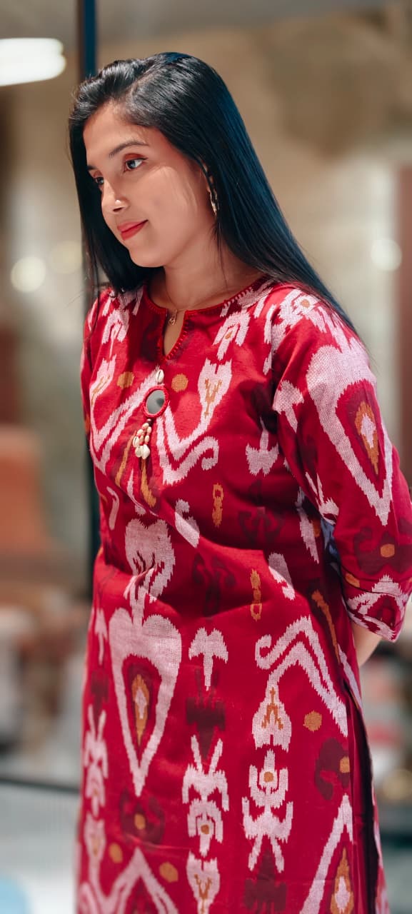 Ikkat Print Shell Kodi Tassel With Mirror Elegance Kurta Pant Set In Cotton Fabric- 13529