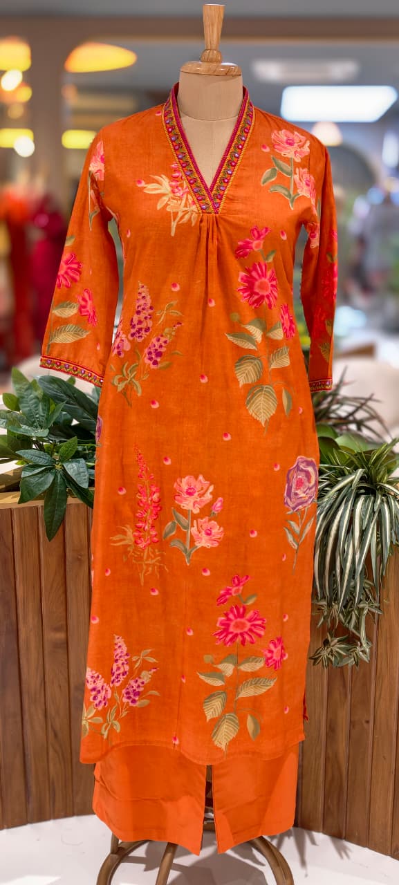 Meadow Garden Lush Botanical Print A-Line Kurta Pant Set In Cotton Fabric- 13644