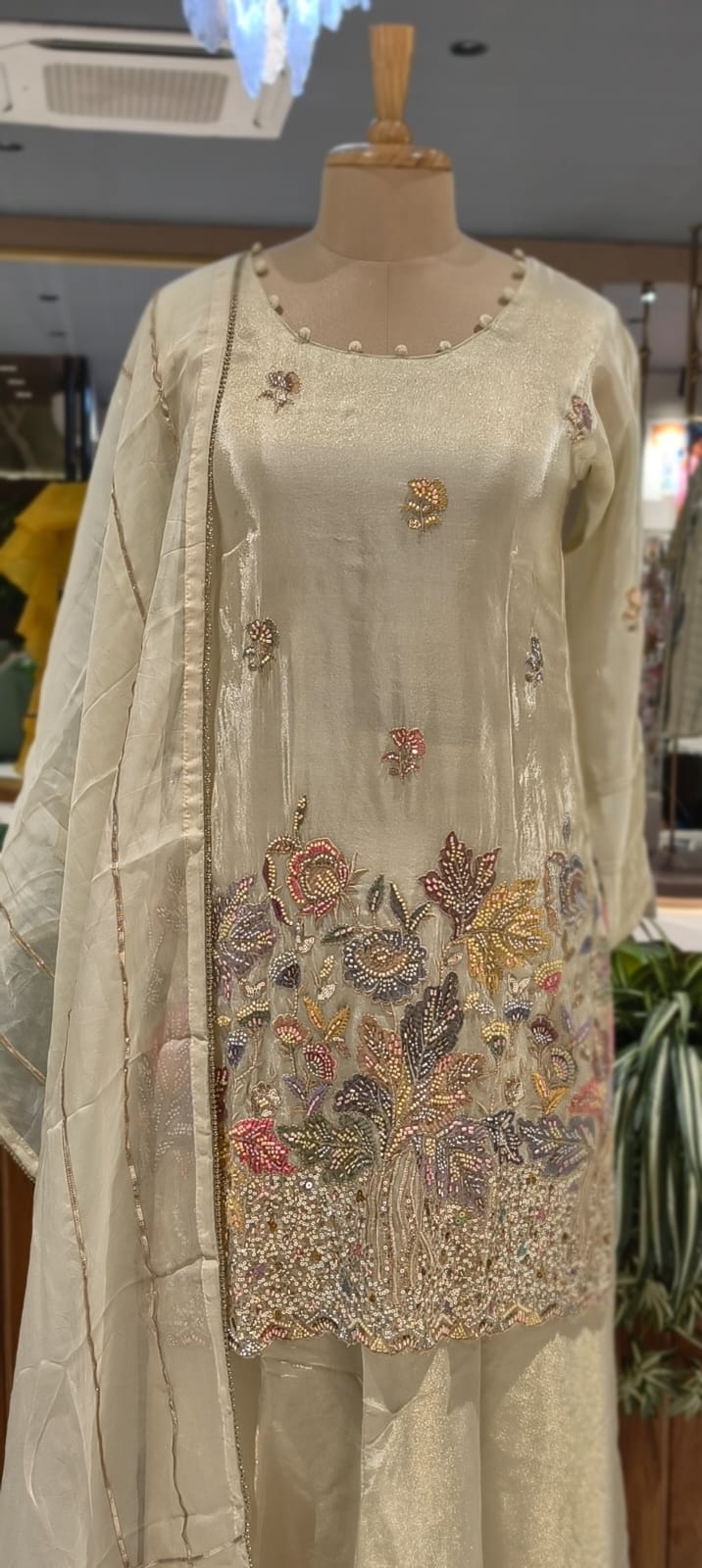 Ivory Embroidered Suttle Elegant Tissue Full Suit Set With Dupatta- 13546