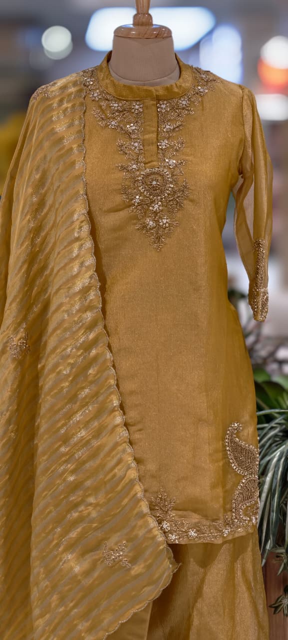 Very Elegant Zarina Golden Intricate Embroidery Tissue Full Suit Set With Striped Dupatta- 13307