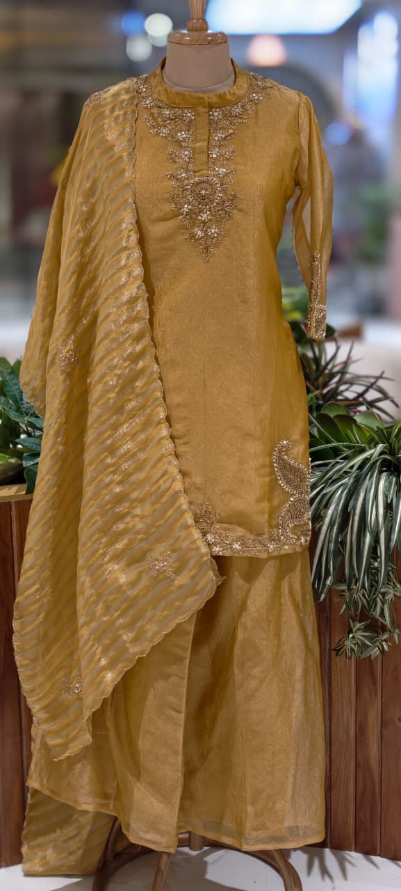 Very Elegant Zarina Golden Intricate Embroidery Tissue Full Suit Set With Striped Dupatta- 13307