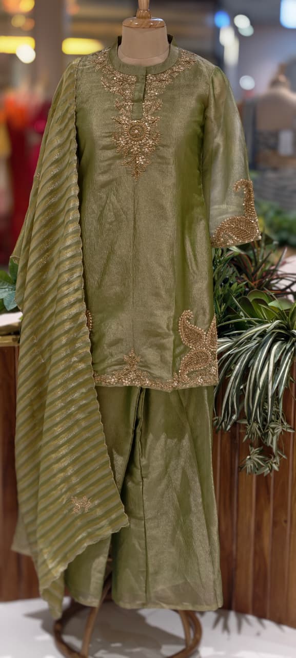 Very Elegant Zarina Golden Intricate Embroidery Tissue Full Suit Set With Striped Dupatta- 13307