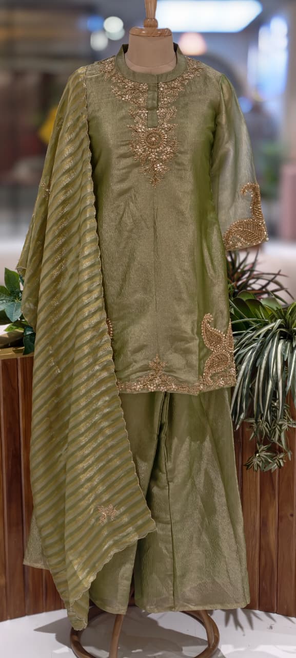 Very Elegant Zarina Golden Intricate Embroidery Tissue Full Suit Set With Striped Dupatta- 13307